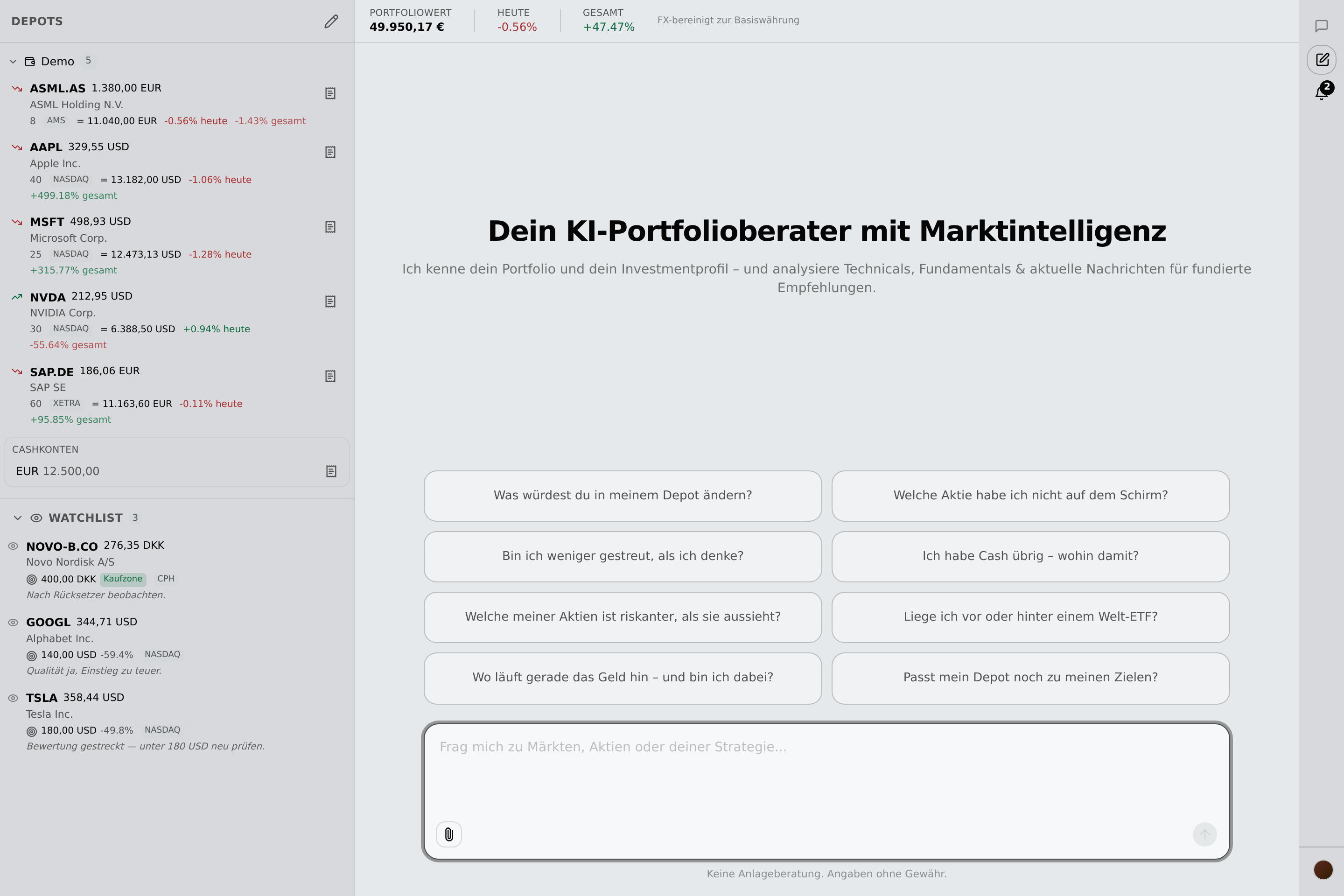Anwendungsoberfläche mit Depotliste, Portfoliowert und Chatfenster des KI-Assistenten