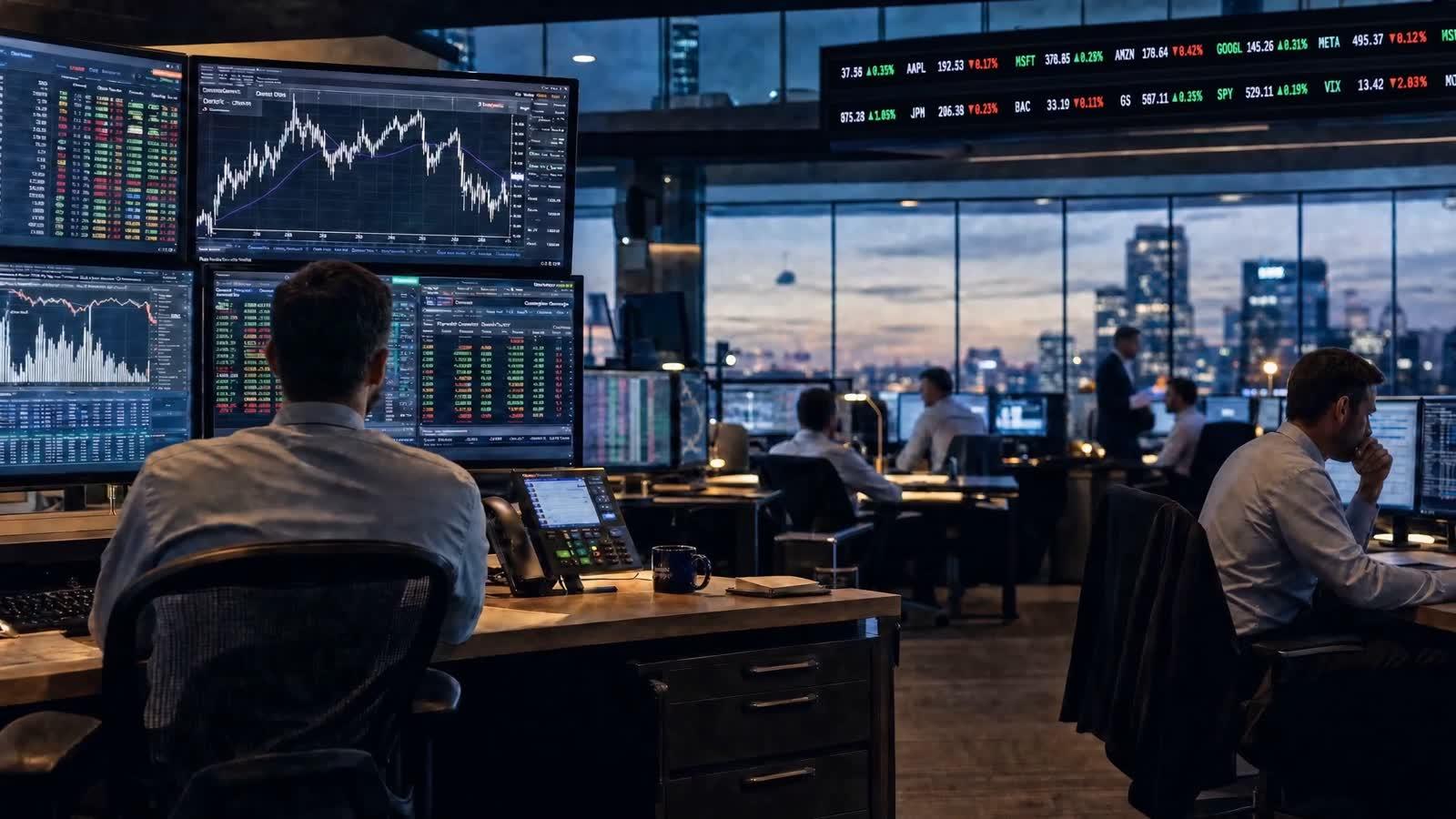 Handelsraum mit Analysemonitoren, Kursticker und Blick auf eine Skyline